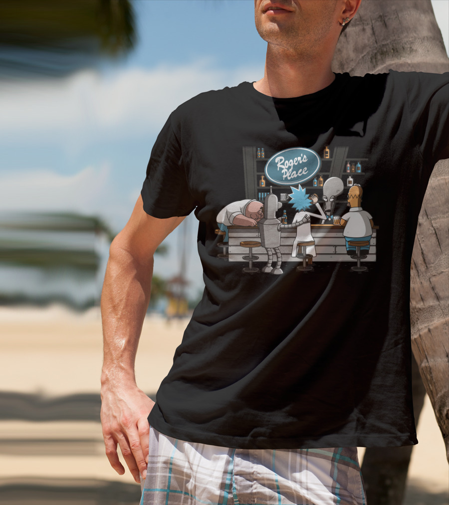Rick And Morty Meets Roger American Dad Bar Scene Featuring Iconic Characters At Roger's Place T-Shirt