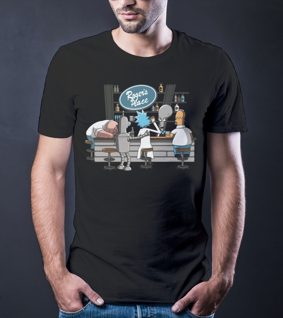 Rick And Morty Meets Roger American Dad Bar Scene Featuring Iconic Characters At Roger's Place T-Shirt