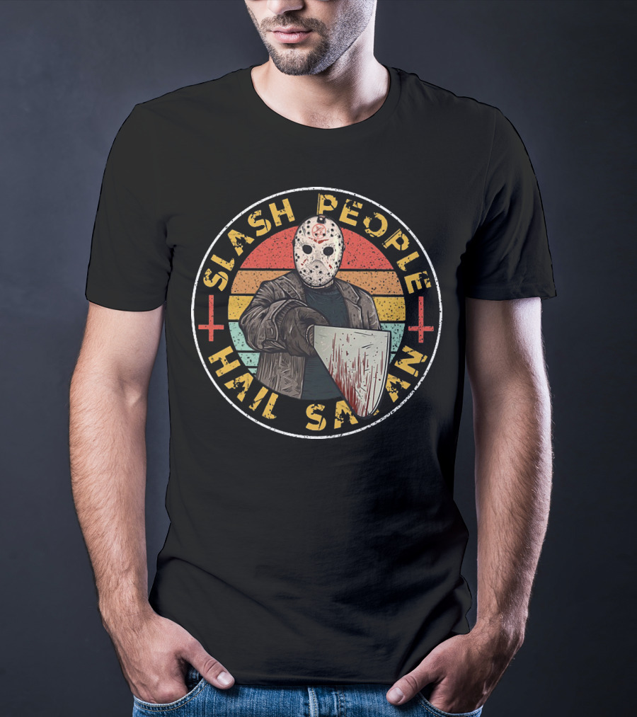Slash People Hail Satan Jason Voorhees Horror Vintage Retro Mask Bloody Cleaver T-Shirt
