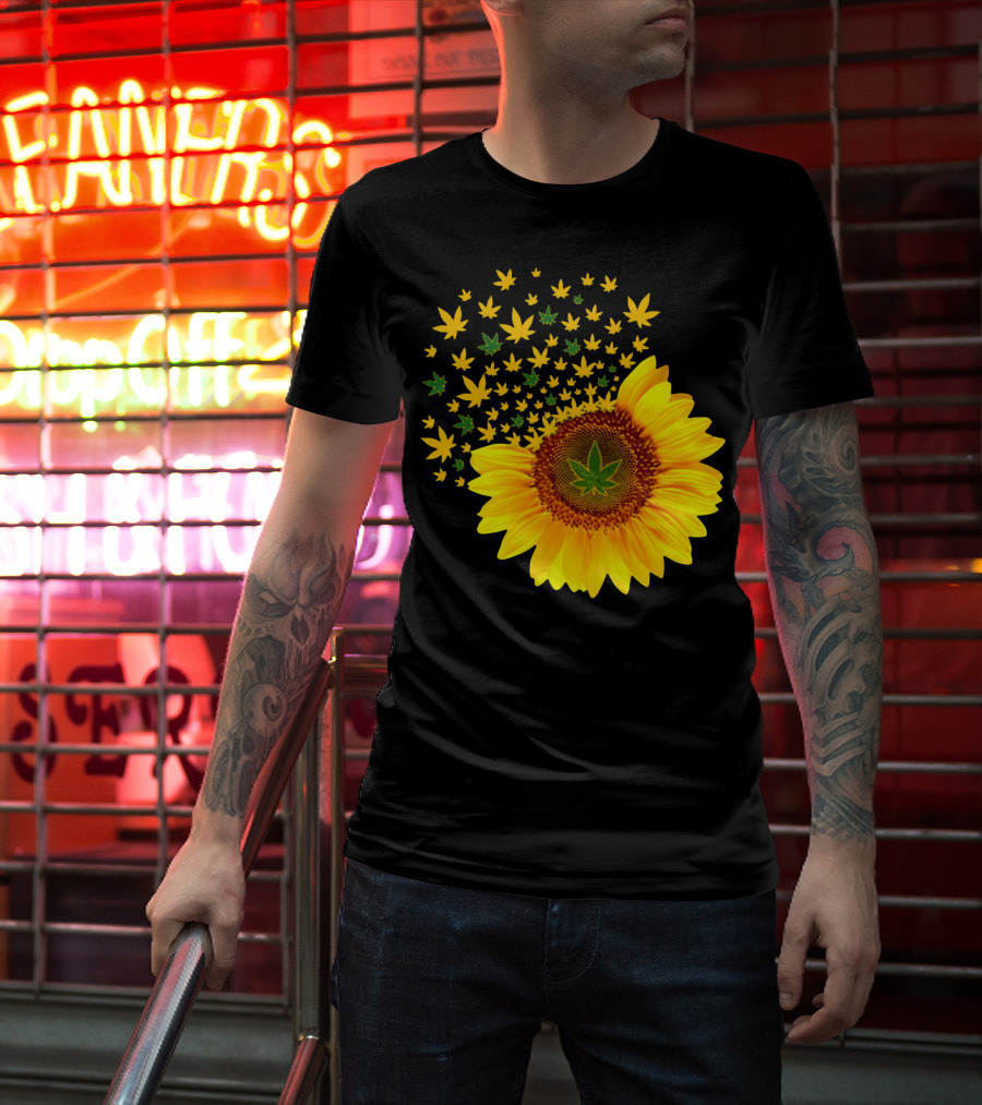 Sunflower With Dispersing Yellow And Green Weed Leaves T-Shirt