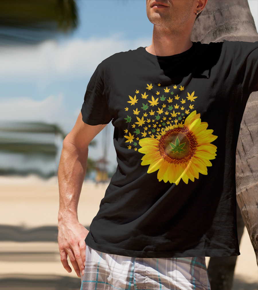 Sunflower With Dispersing Yellow And Green Weed Leaves T-Shirt