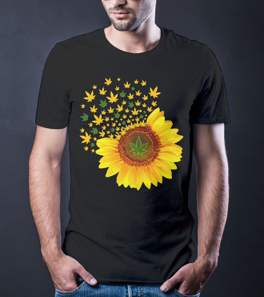 Sunflower With Dispersing Yellow And Green Weed Leaves T-Shirt