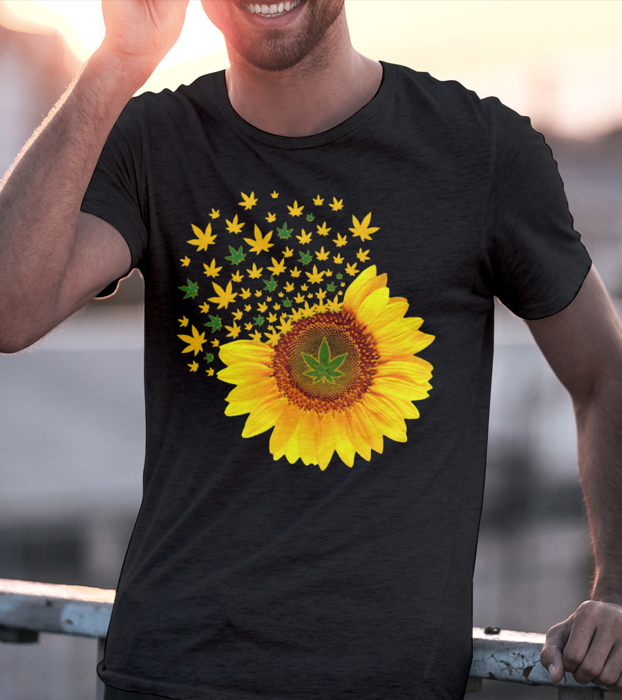 Sunflower With Dispersing Yellow And Green Weed Leaves T-Shirt