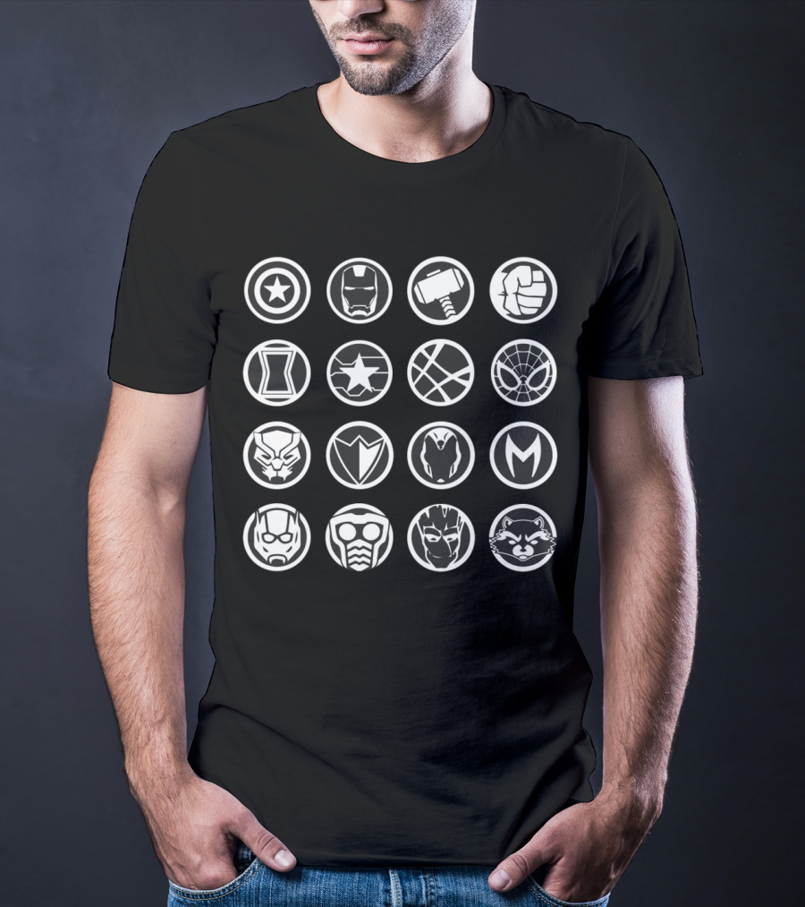 Avengers Infinity War Heroes Icon Captain America Iron Man Thor Hulk Black Widow Star Lord Spider-Man Black Panther Vision Doctor Strange Ant-Man Groot Rocket Raccoon T-Shirt
