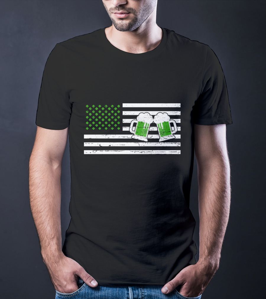 Happy Patrick's Day American Flag With Green Shamrocks And Beer Mugs T-Shirt