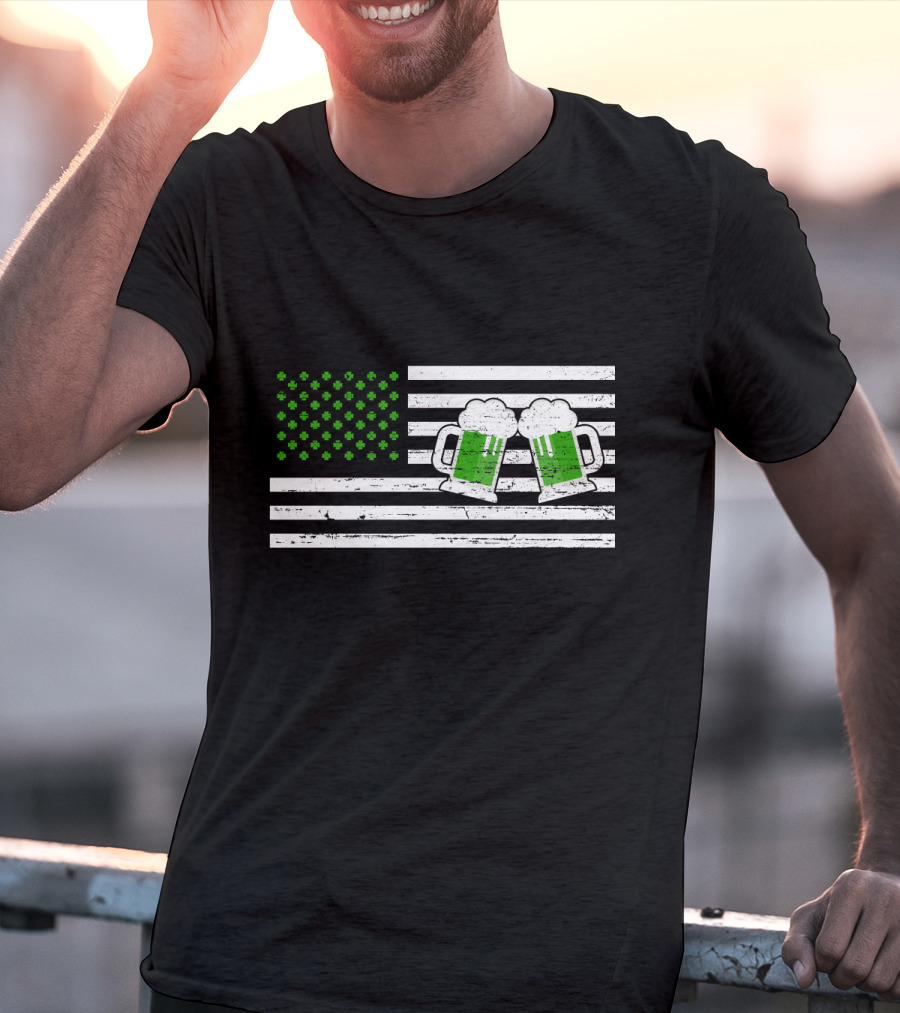 Happy Patrick's Day American Flag With Green Shamrocks And Beer Mugs T-Shirt