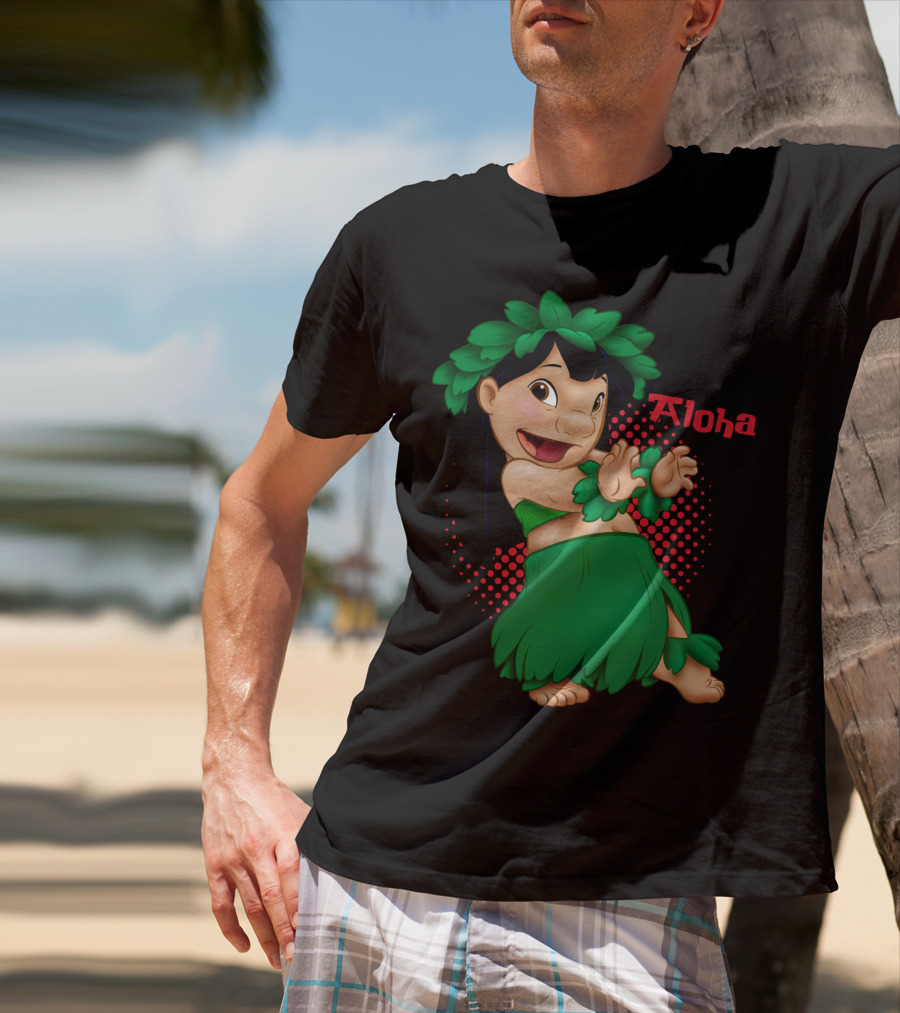 Lilo And Stitch Aloha Lilo Green Hula Dance With Red Polka Dot Background T-Shirt
