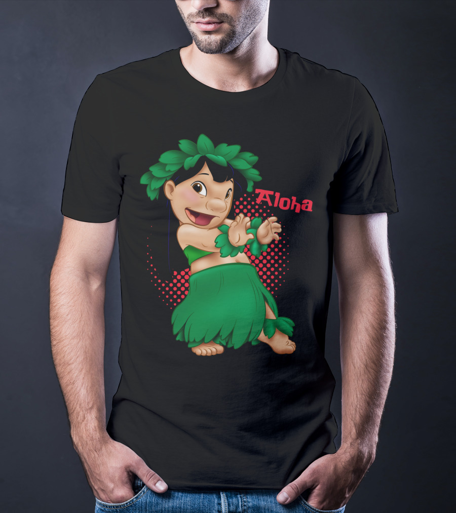 Lilo And Stitch Aloha Lilo Green Hula Dance With Red Polka Dot Background T-Shirt