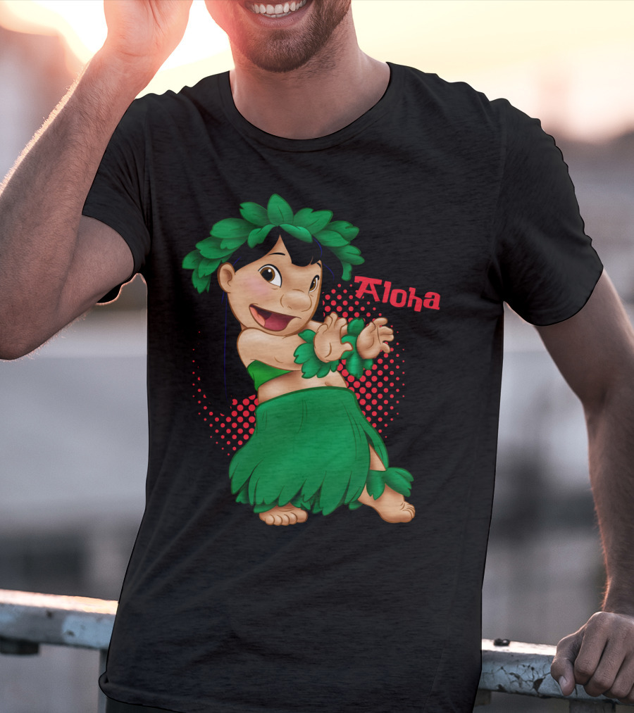 Lilo And Stitch Aloha Lilo Green Hula Dance With Red Polka Dot Background T-Shirt