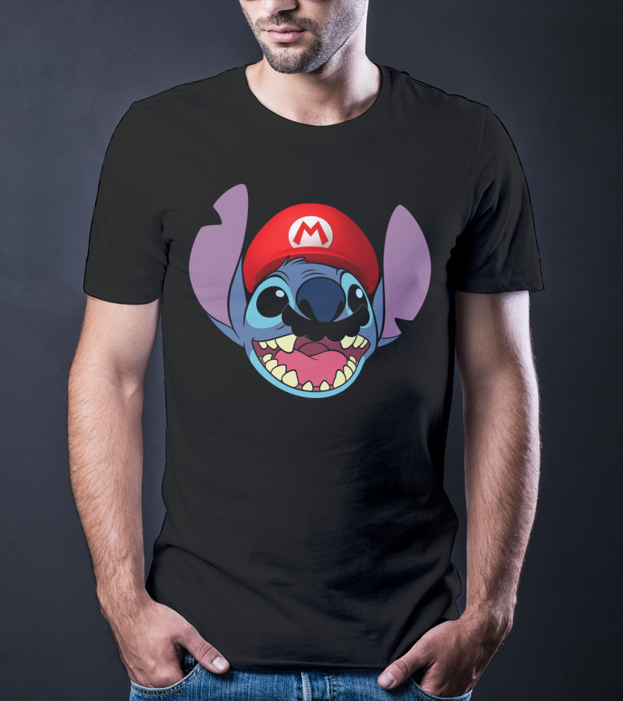 Stitch Wearing Mario Hat And Mustache Cartoon Crossover T-Shirt