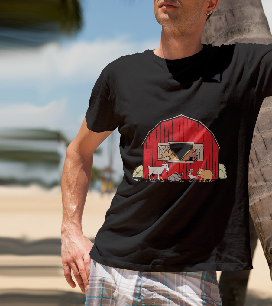Barnyard Animals Red Barn Horses Pig Goat Duck Scene T-Shirt
