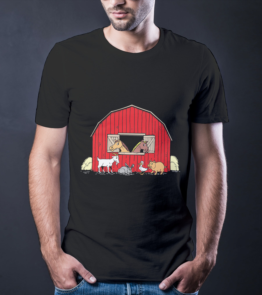 Barnyard Animals Red Barn Horses Pig Goat Duck Scene T-Shirt
