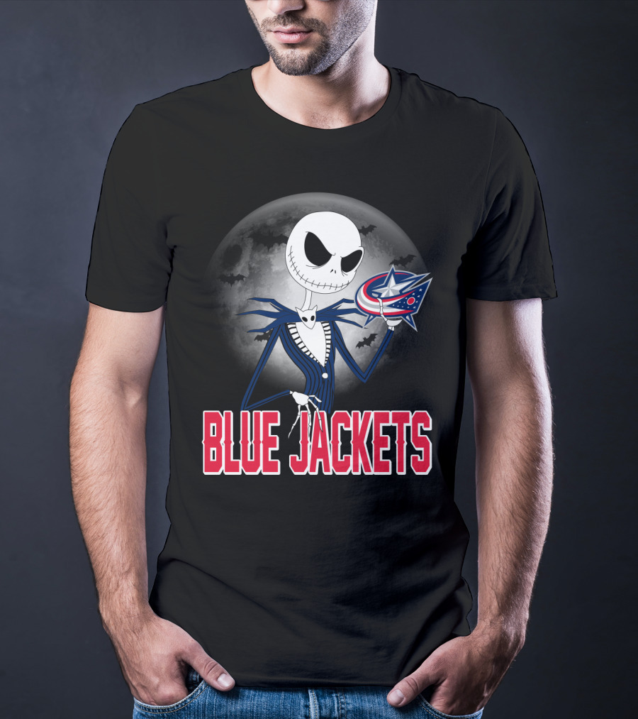 Jack Skellington Columbus Blue Jackets Halloween Fan Logo Moon Background T-Shirt