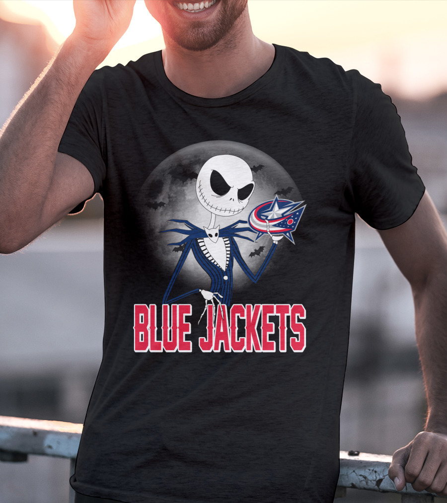 Jack Skellington Columbus Blue Jackets Halloween Fan Logo Moon Background T-Shirt