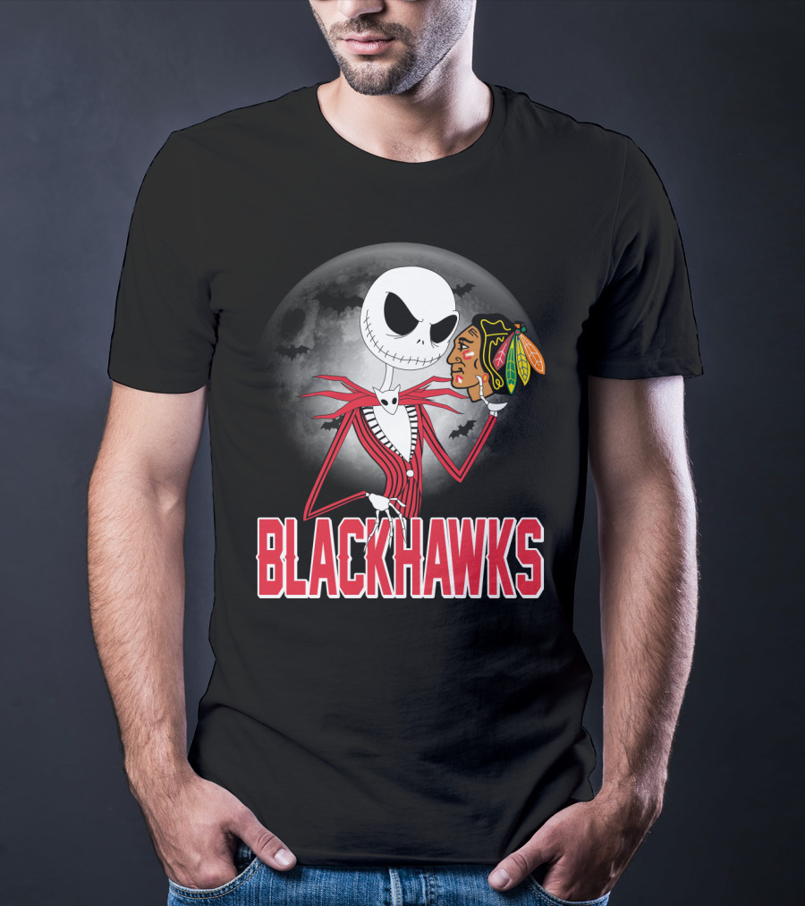 Jack Skellington Halloween Full Moon Chicago Blackhawks Collaboration T-Shirt