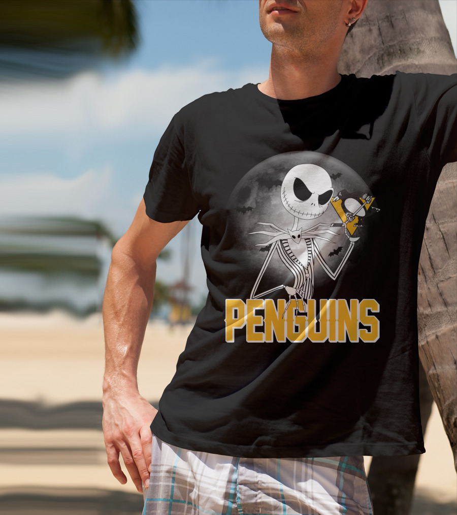 Jack Skellington Halloween Full Moon Penguins Hockey T-Shirt