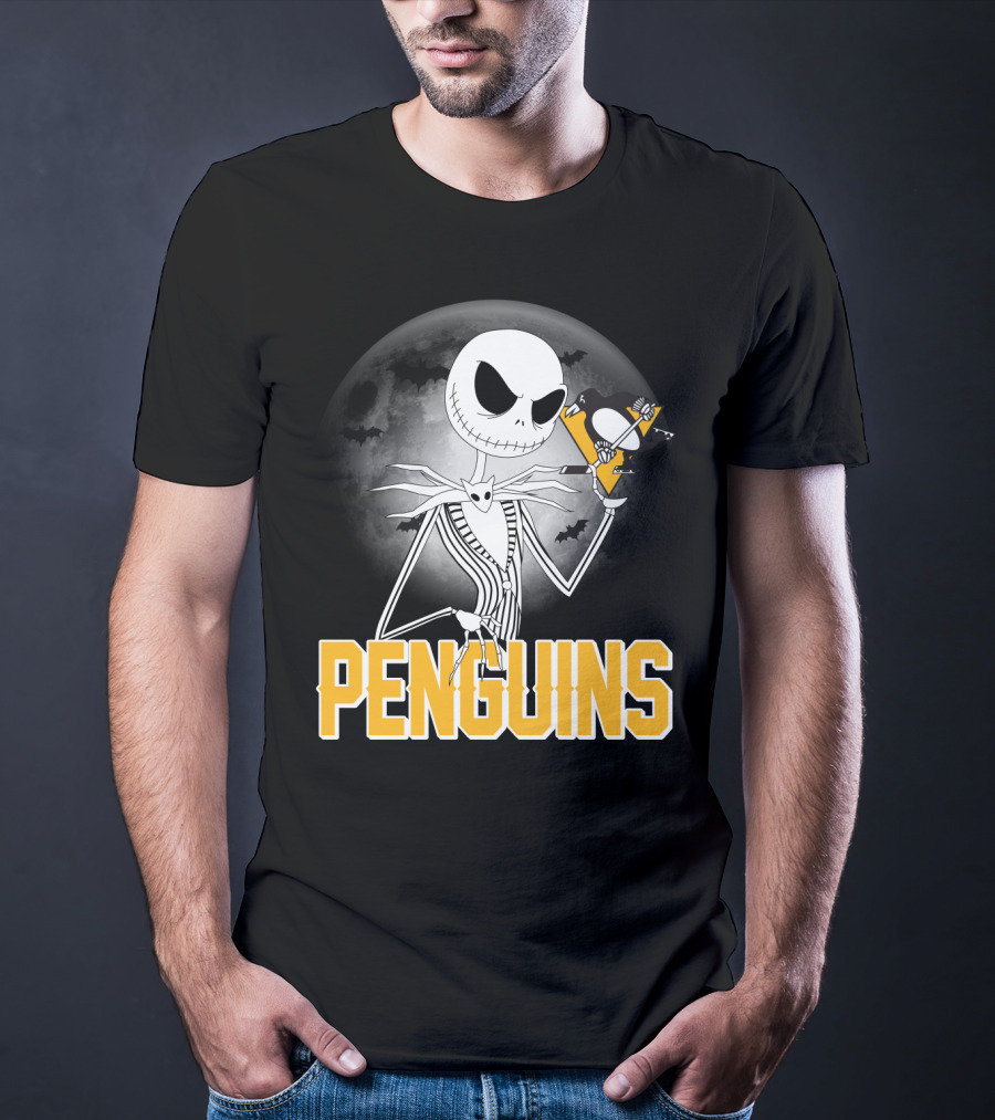 Jack Skellington Halloween Full Moon Penguins Hockey T-Shirt