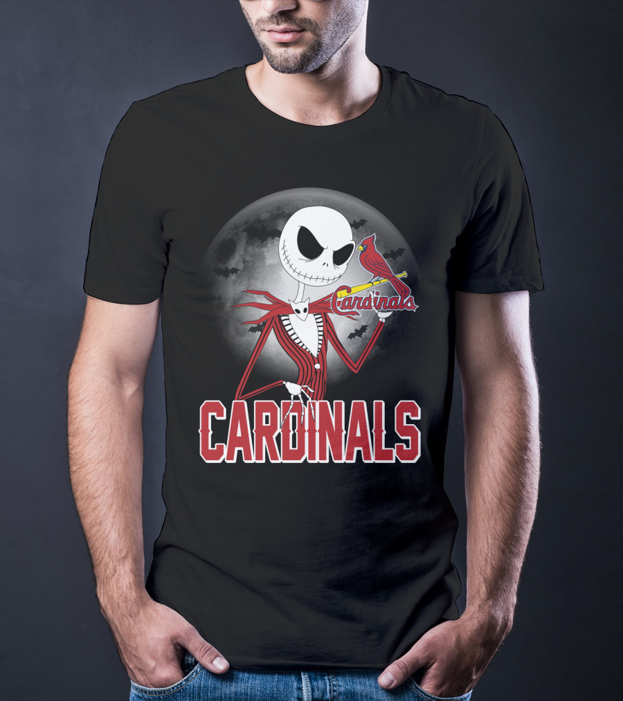 Cardinals Jack Skeleton Halloween St. Louis Cardinals Logo Moon Background T-Shirt
