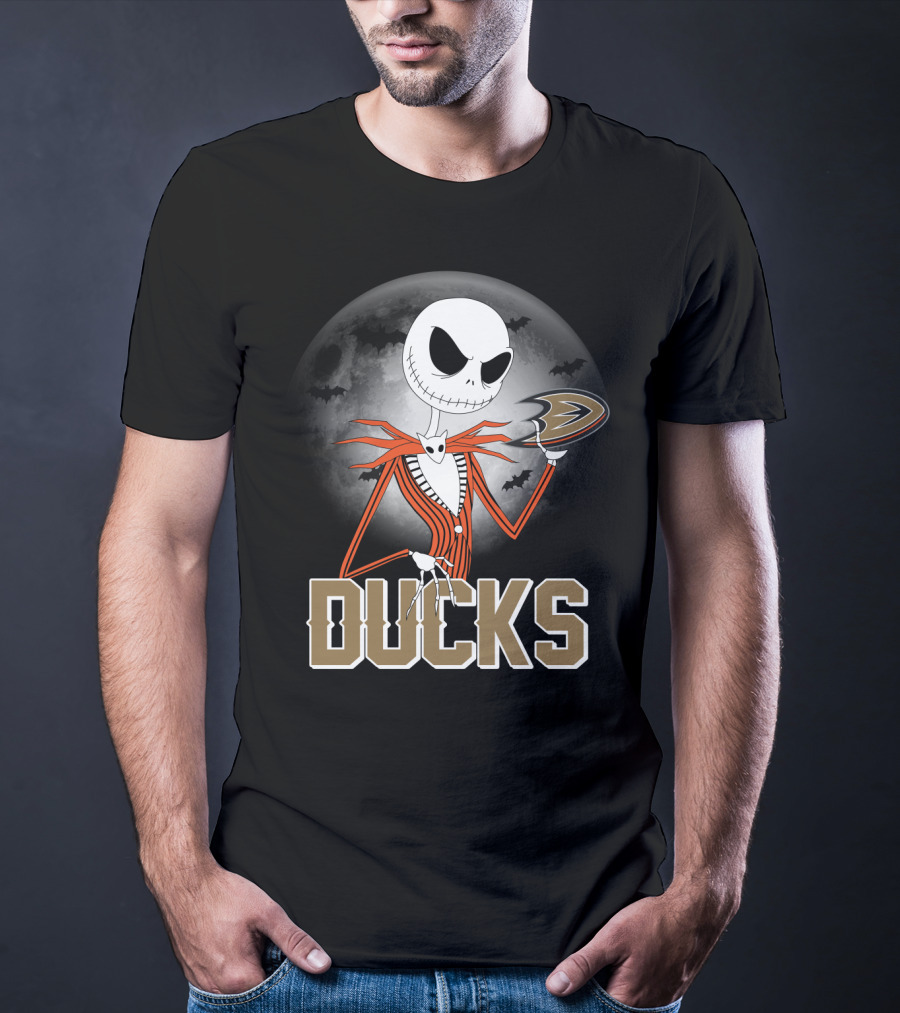 Jack Skellington Anaheim Ducks Halloween Moon And Bats T-Shirt