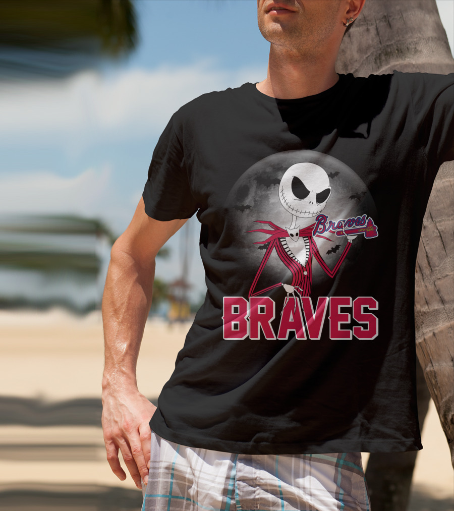 Jack Skellington Braves Halloween With Atlanta Baseball Moon And Bats T-Shirt