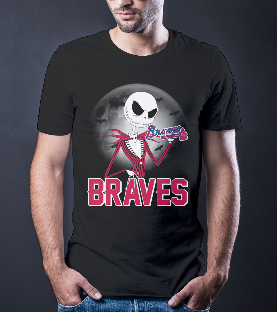 Jack Skellington Braves Halloween With Atlanta Baseball Moon And Bats T-Shirt
