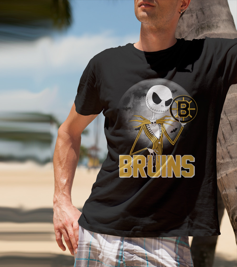Jack Skellington Halloween Boston Bruins Moon And Bats T-Shirt