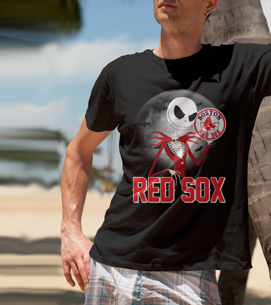 Jack Skellington Holding Boston Red Sox Logo With Halloween Moon Background T-Shirt