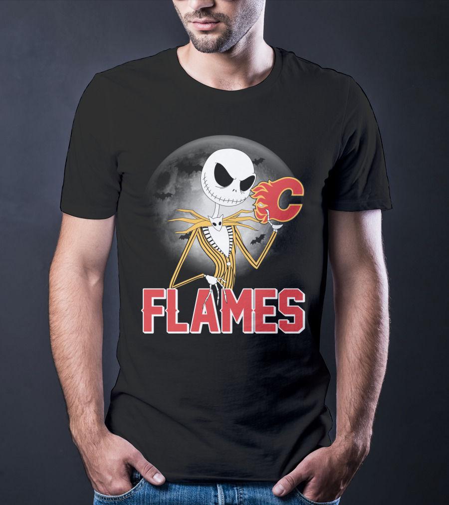 Jack Skellington Flames Halloween Calgary Hockey Crossover T-Shirt