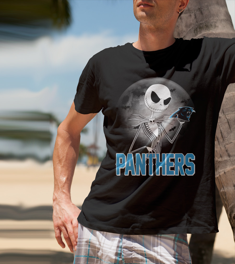 Jack Skellington Panthers Halloween Carolina Panthers Logo Moon Bats T-Shirt