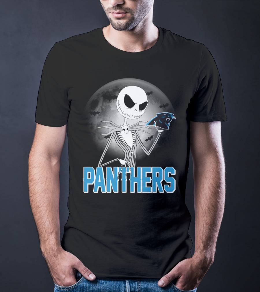 Jack Skellington Panthers Halloween Carolina Panthers Logo Moon Bats T-Shirt