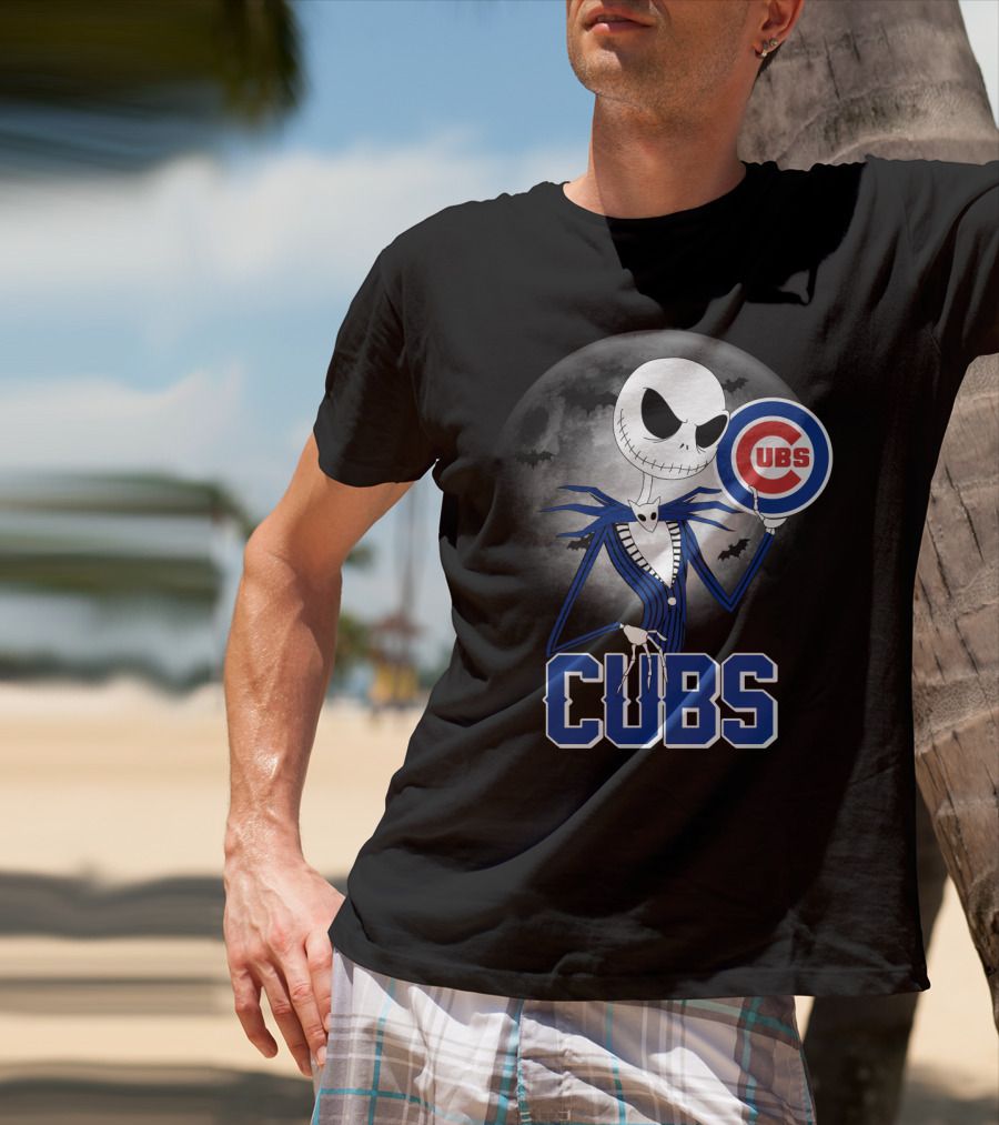 Jack Skellington Halloween Cubs Logo Fans With Full Moon And Bats T-Shirt
