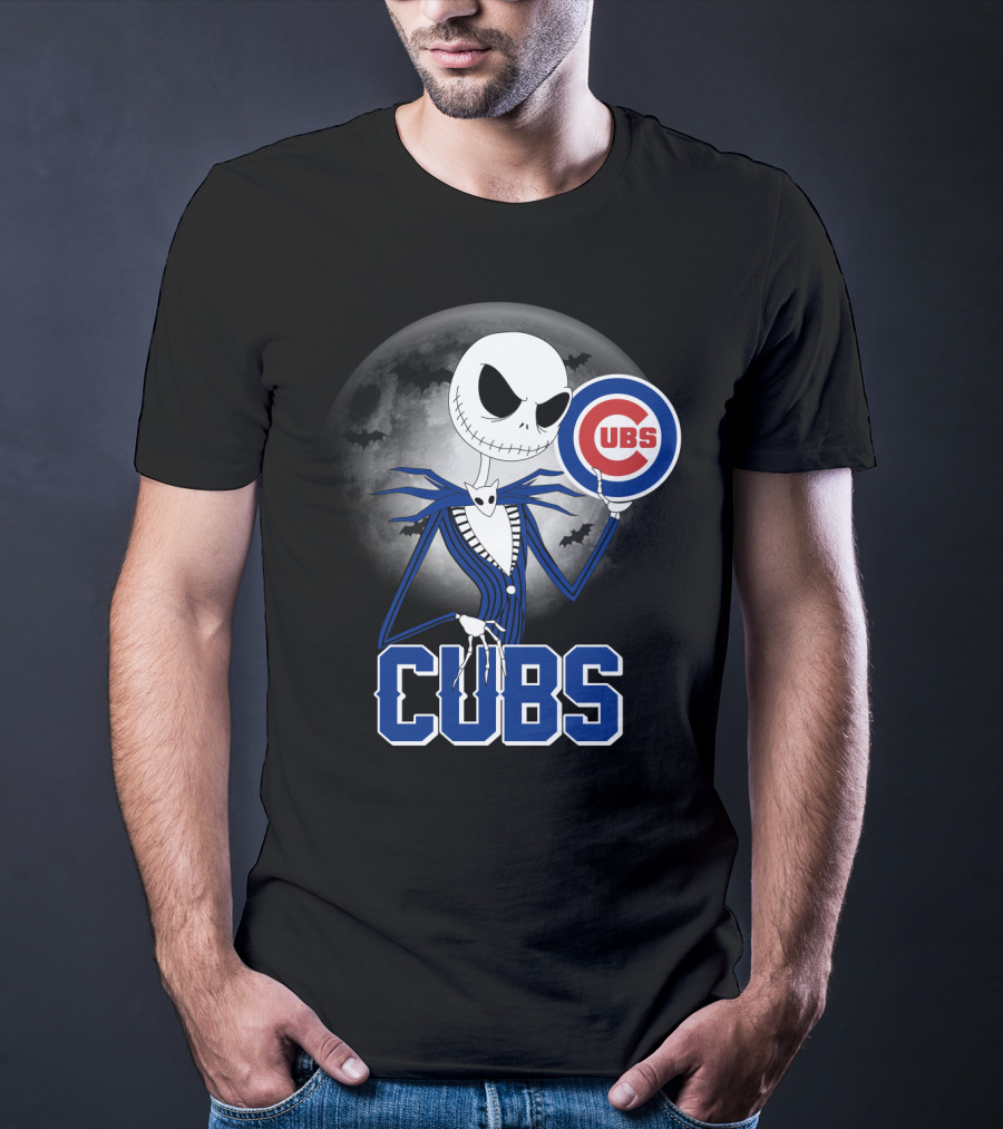 Jack Skellington Halloween Cubs Logo Fans With Full Moon And Bats T-Shirt
