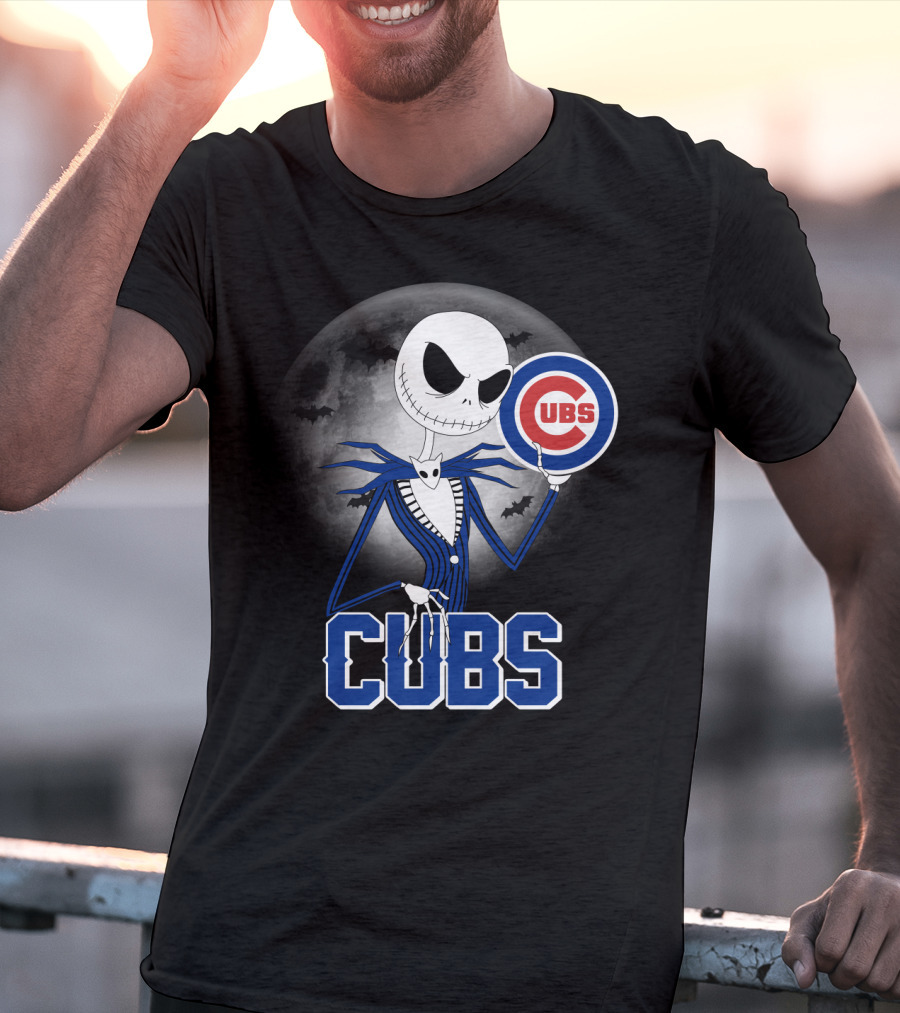 Jack Skellington Halloween Cubs Logo Fans With Full Moon And Bats T-Shirt