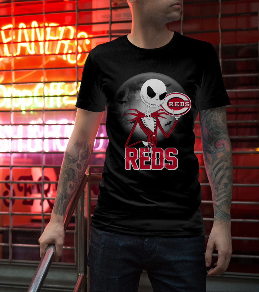 Jack Skellington With Cincinnati Reds Logo Halloween T-Shirt