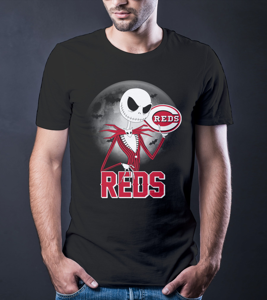 Jack Skellington With Cincinnati Reds Logo Halloween T-Shirt