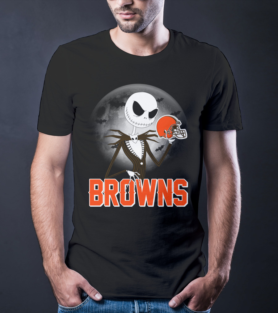 Jack Skellington Holding Cleveland Browns Helmet Halloween Moon T-Shirt