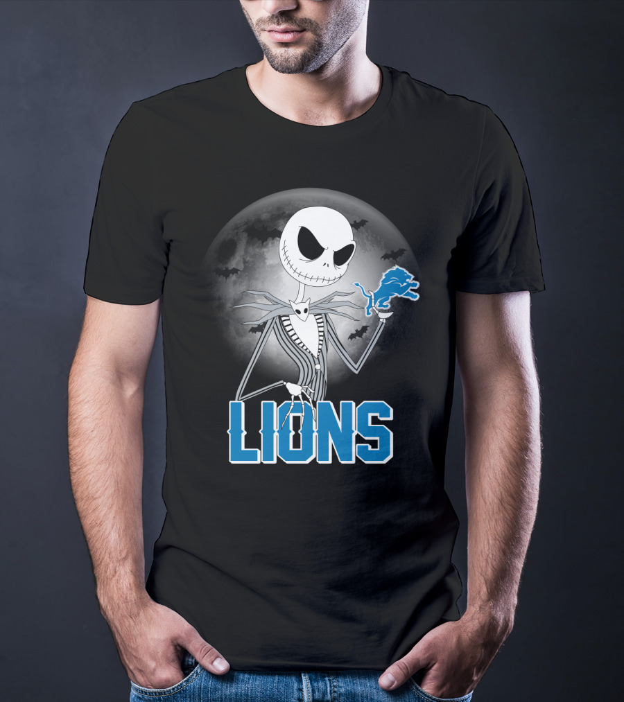 Jack Skellington Detroit Lions Halloween Night Full Moon Bats T-Shirt