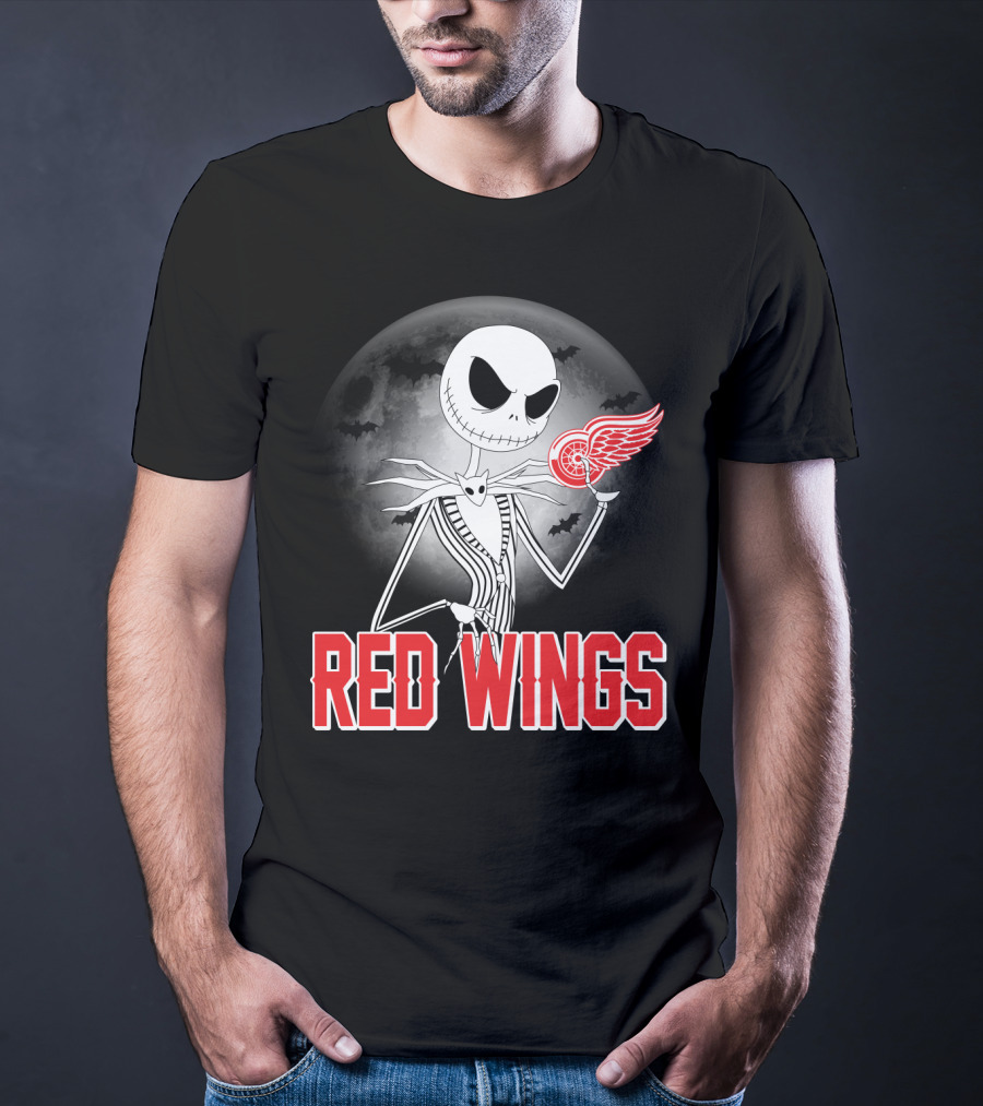 Jack Skellington Holding Detroit Red Wings Symbol In Halloween Moonlit Scene T-Shirt
