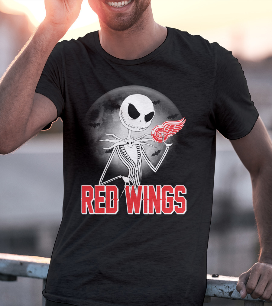 Jack Skellington Holding Detroit Red Wings Symbol In Halloween Moonlit Scene T-Shirt