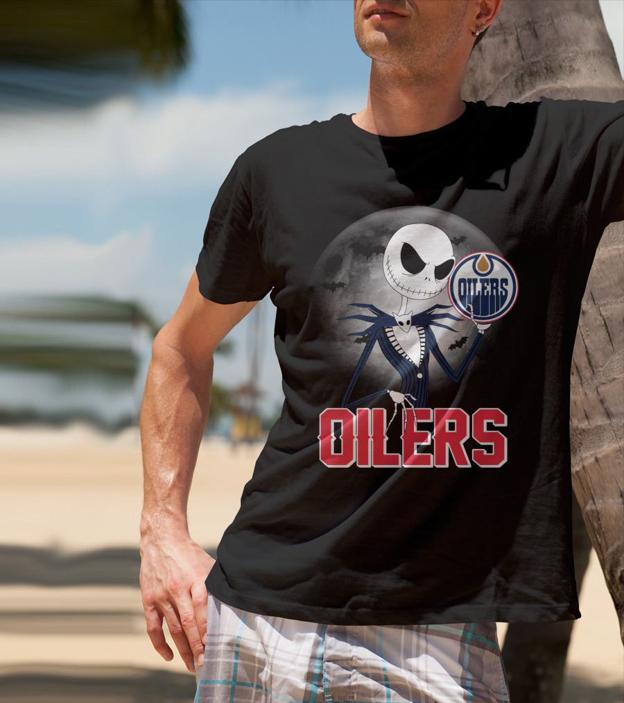 Jack Skellington Edmonton Oilers Halloween Moon Background T-Shirt