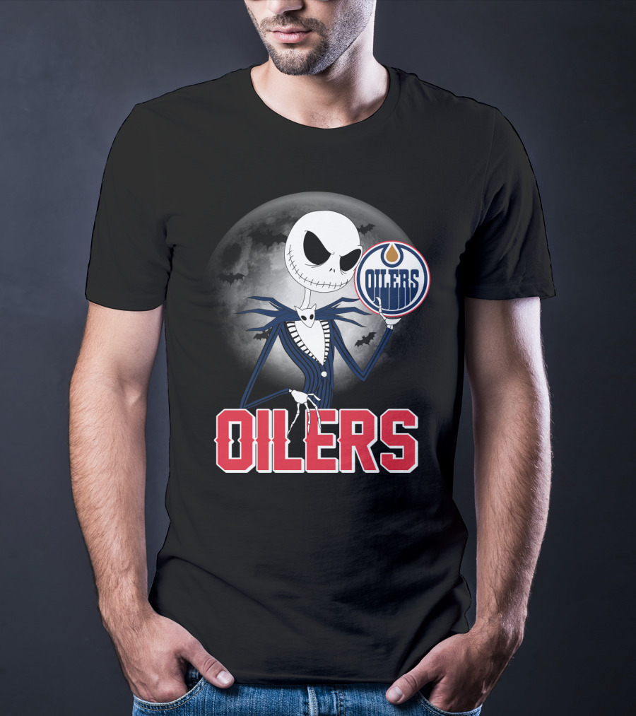 Jack Skellington Edmonton Oilers Halloween Moon Background T-Shirt