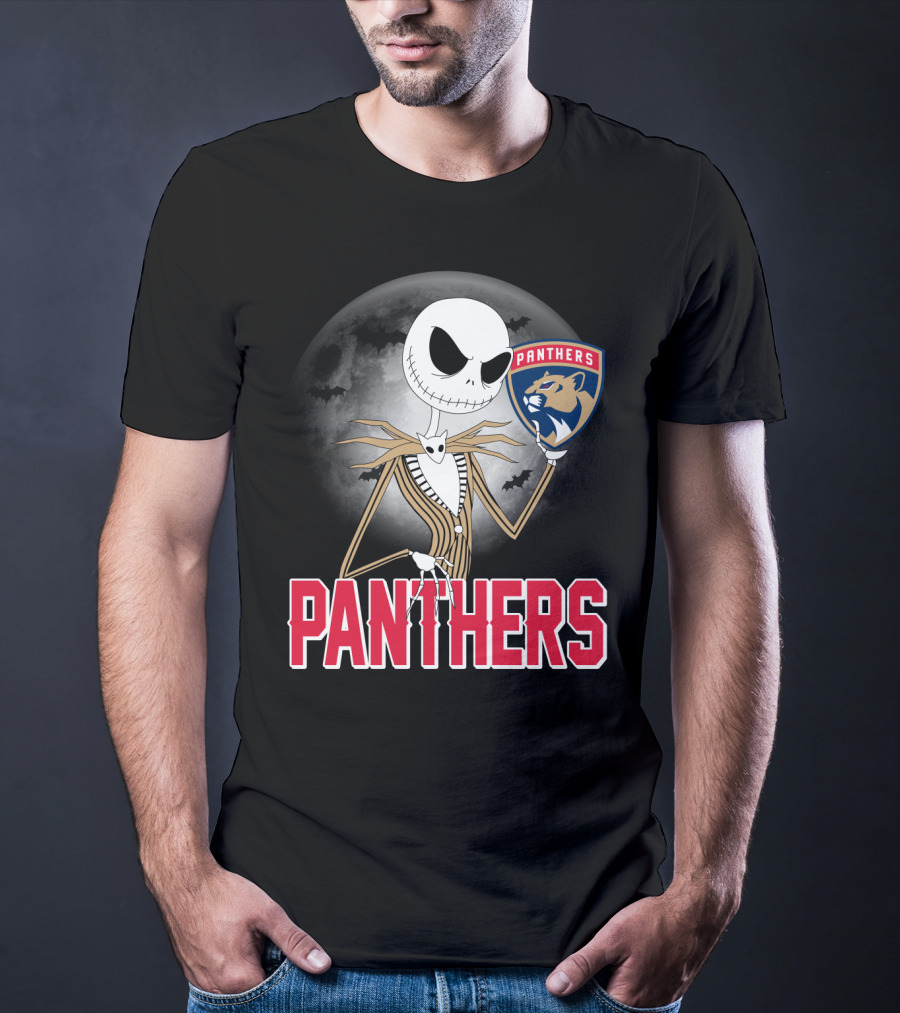 Jack Skellington Holding Florida Panthers Logo Halloween Moon Background T-Shirt