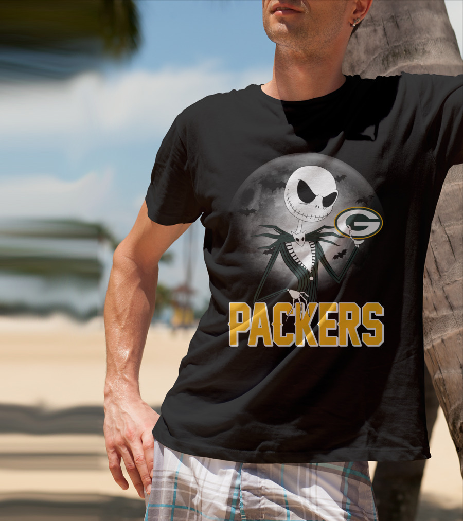 Jack Skellington Green Bay Packers Halloween Moon Bats T-Shirt