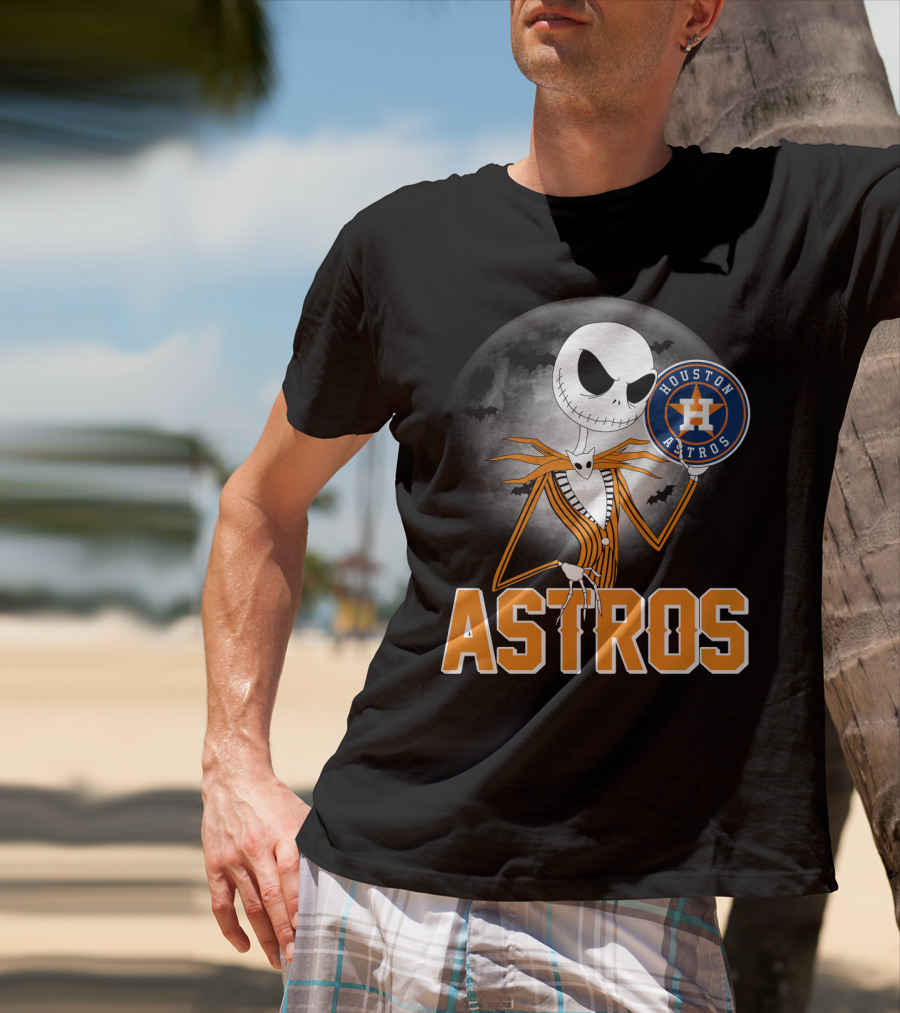 Jack Skellington Holding Houston Astros Logo With Halloween Bats T-Shirt
