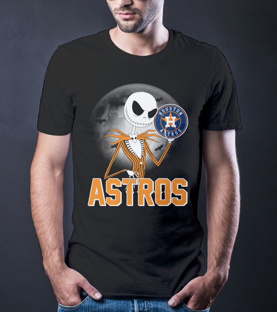 Jack Skellington Holding Houston Astros Logo With Halloween Bats T-Shirt