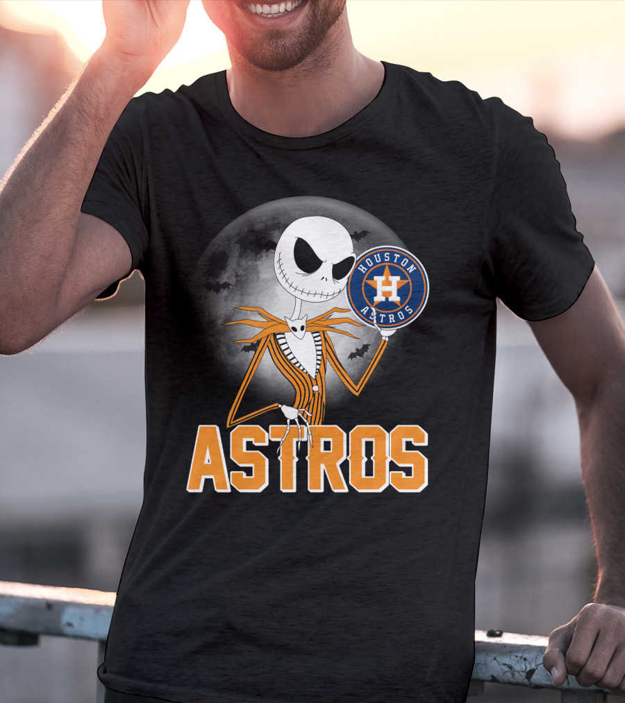 Jack Skellington Holding Houston Astros Logo With Halloween Bats T-Shirt