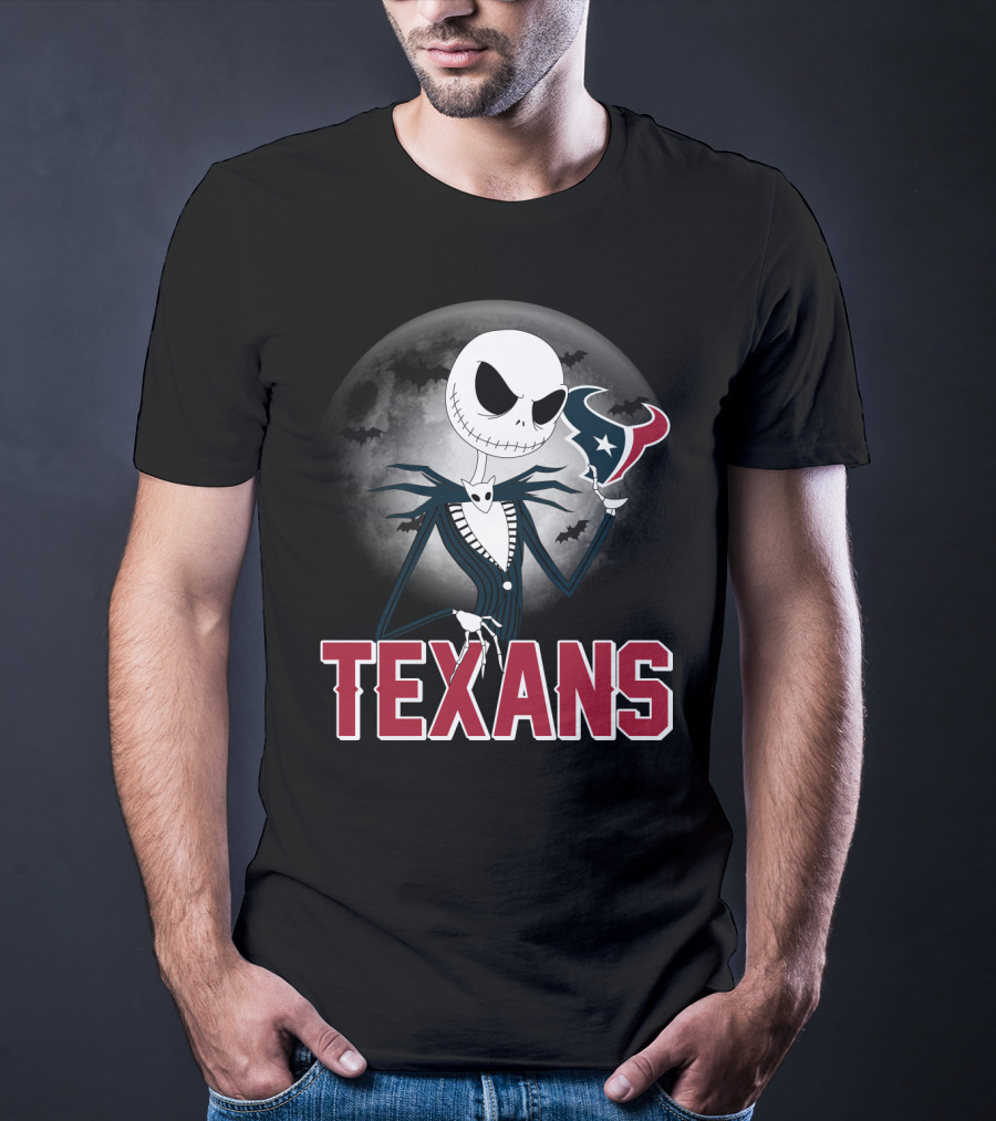 Jack Skellington Holding Houston Texans Logo With Moon And Bats T-Shirt