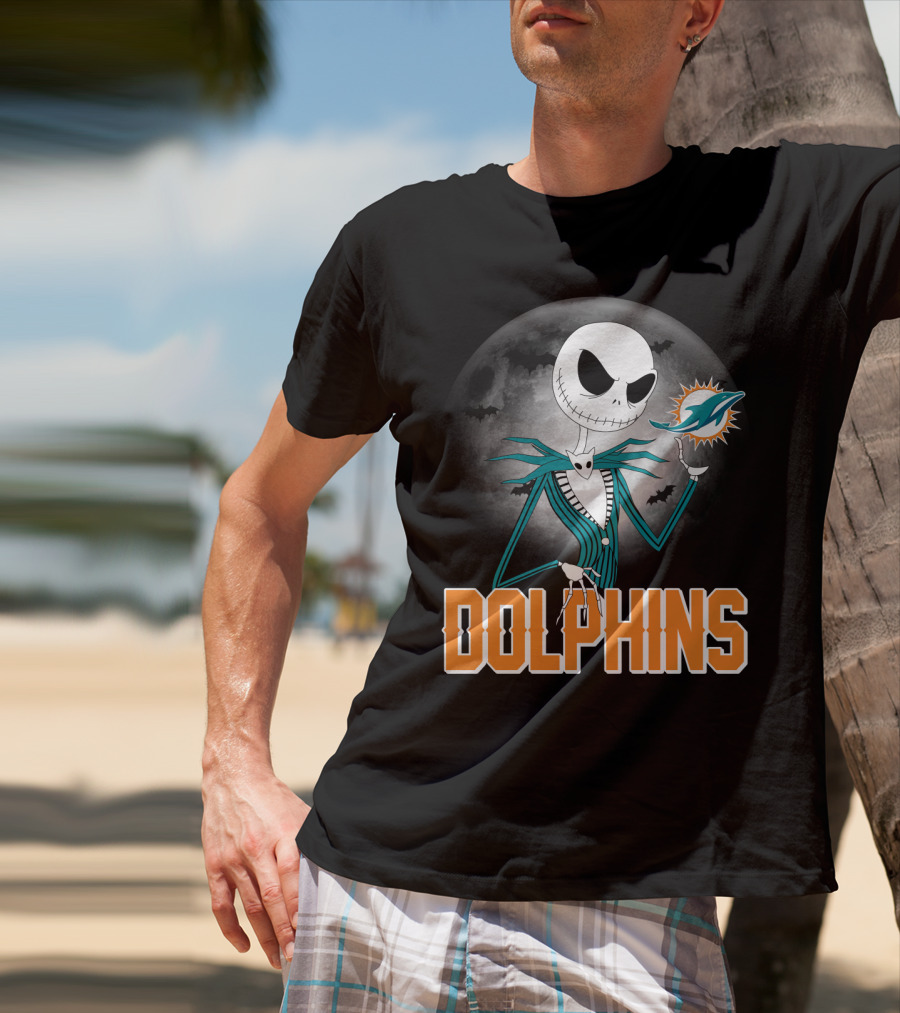 Jack Skellington Dolphins Halloween Miami Logo Moon T-Shirt