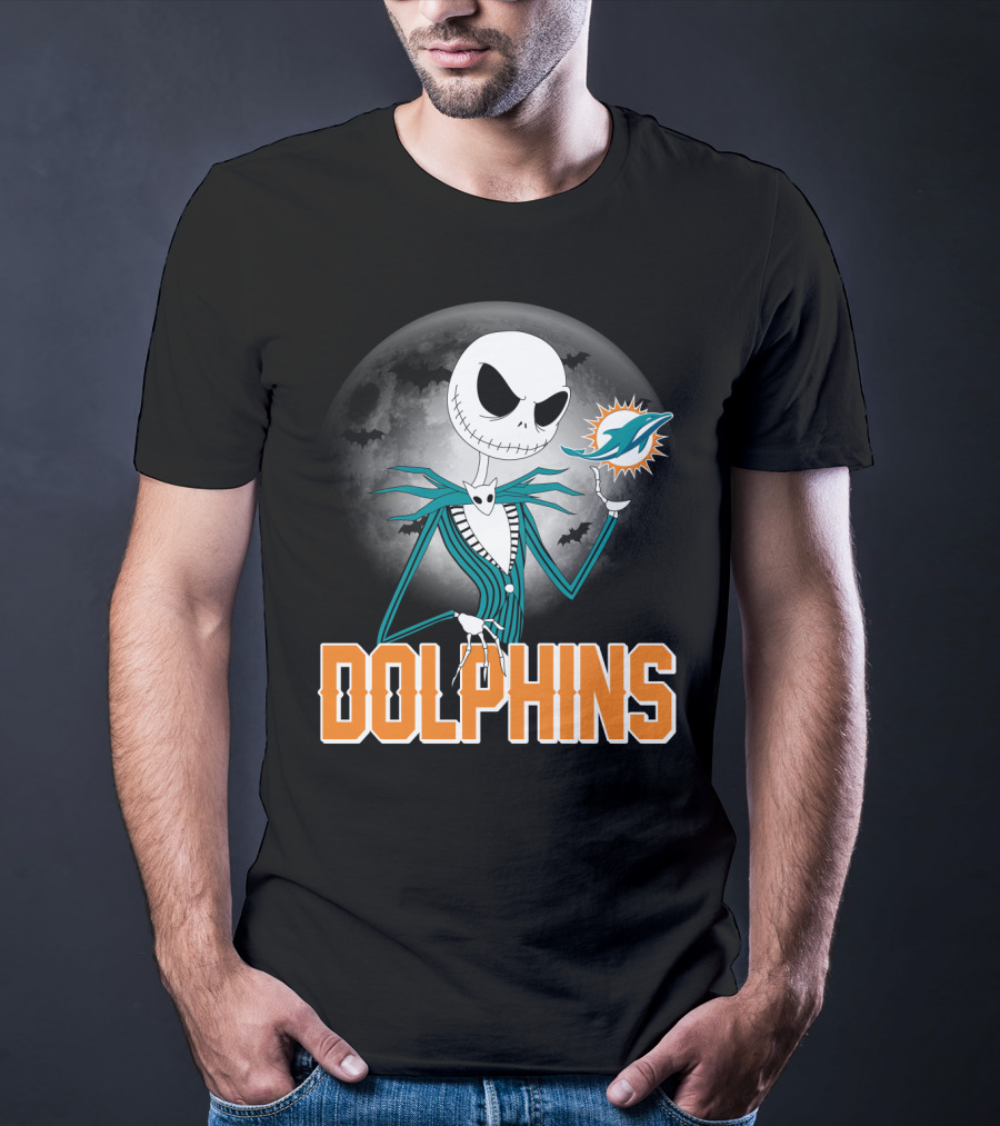 Jack Skellington Dolphins Halloween Miami Logo Moon T-Shirt