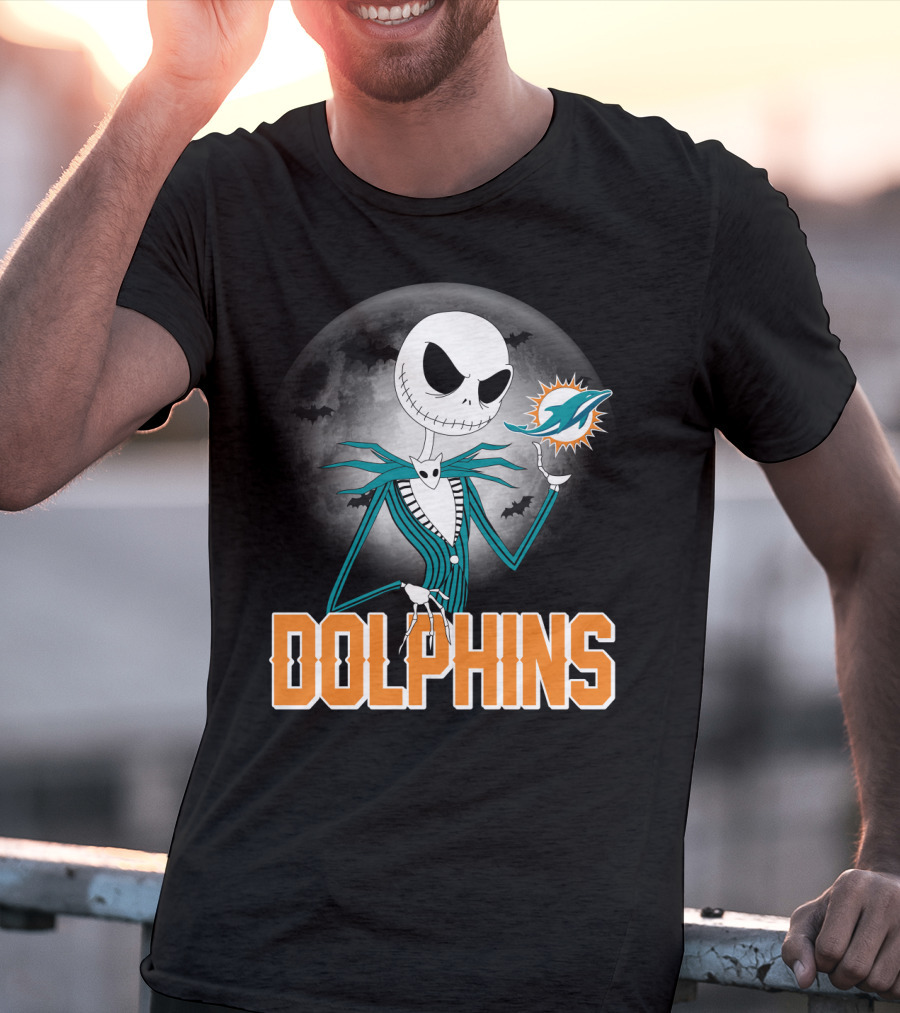 Jack Skellington Dolphins Halloween Miami Logo Moon T-Shirt